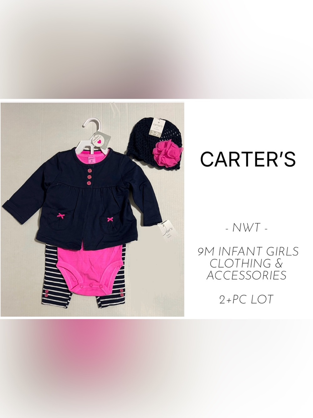 CARTER’S - 9M - NWT - INFANT GIRLS 2+PC PINK NAVY OUTFIT AND HAT LOT